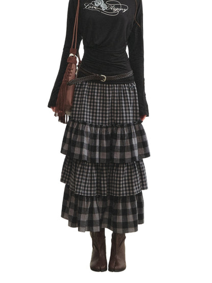 Plaid Patchwork Lace Waist Layered Cake Skirt - CHINASQUAD