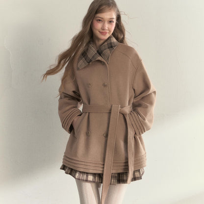 Khaki &amp; Misty Pink Plaid Collar &amp; Belt  Wool Coat