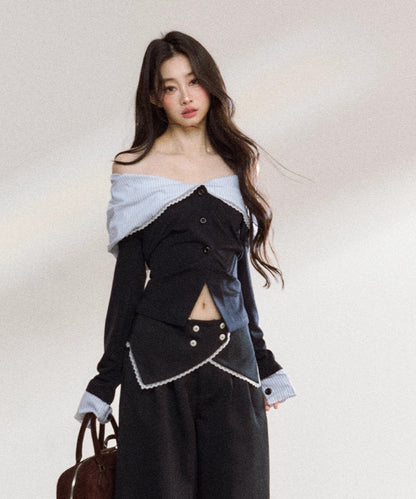 Off-Shoulder Striped Lapel Blouse &amp; Pants Set