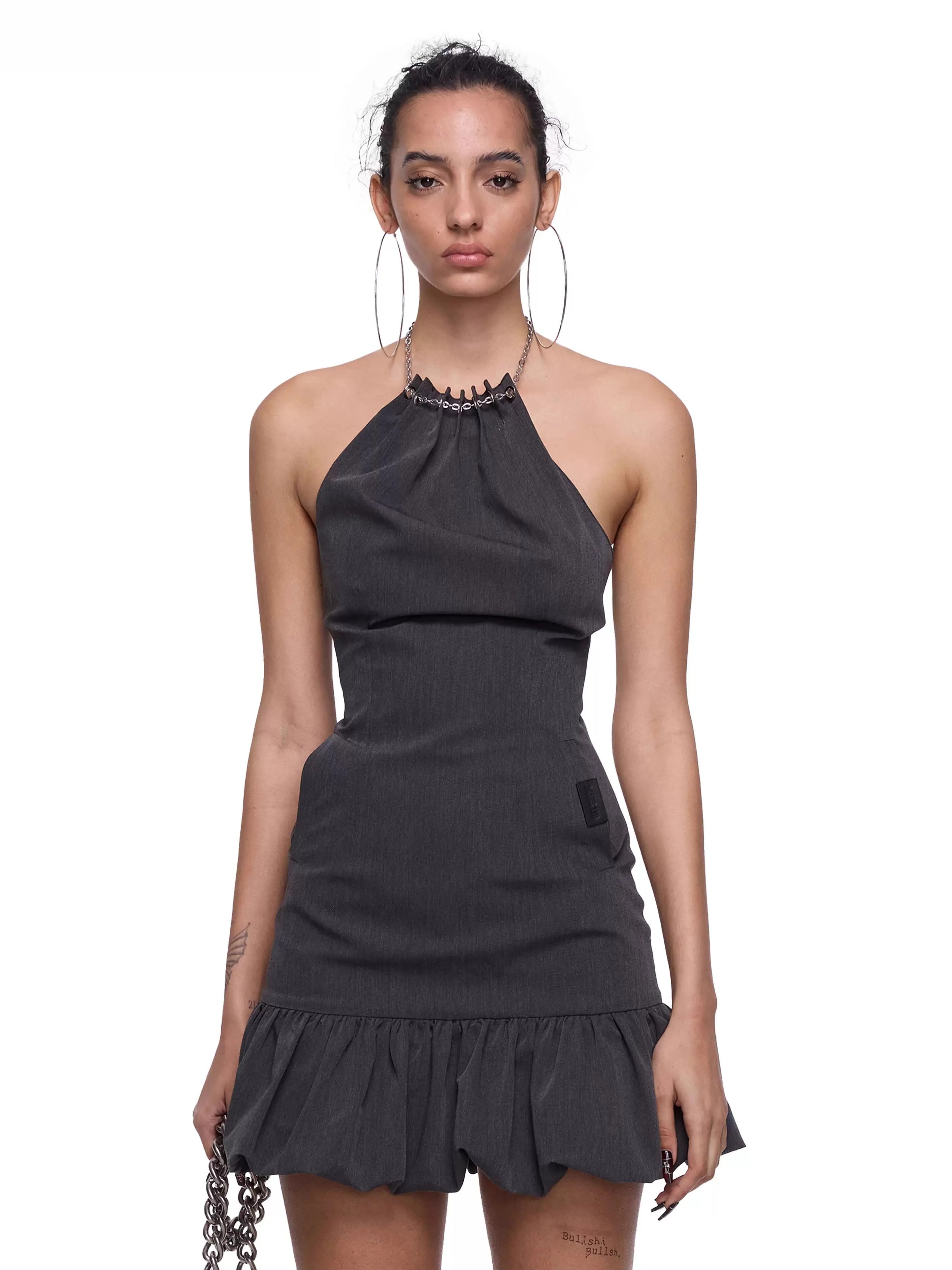 Chain Halter Bubble-Waist Mini Dress