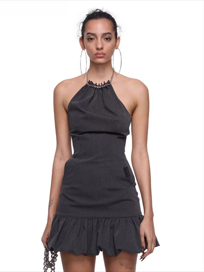 Chain Halter Bubble-Waist Mini Dress