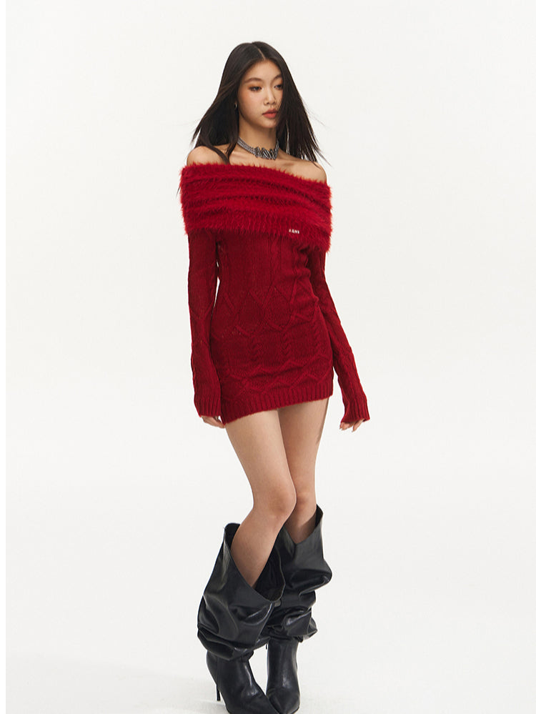 Red Off-Shoulder Mohair Knitted Dress