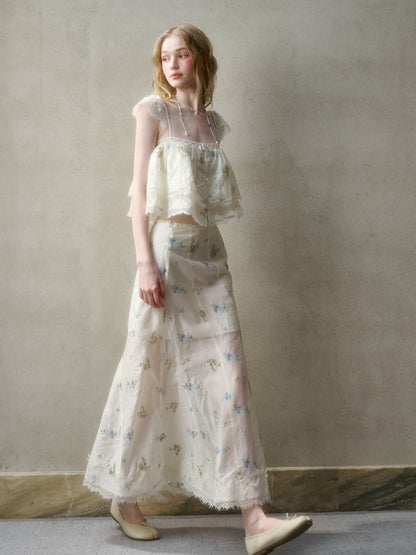 Lace Embroidery Flower French - Style Shirt &amp; Skirt Set