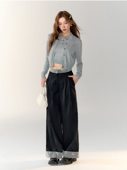 Lace-Patchwork Pleated Straight-leg Suit Pants