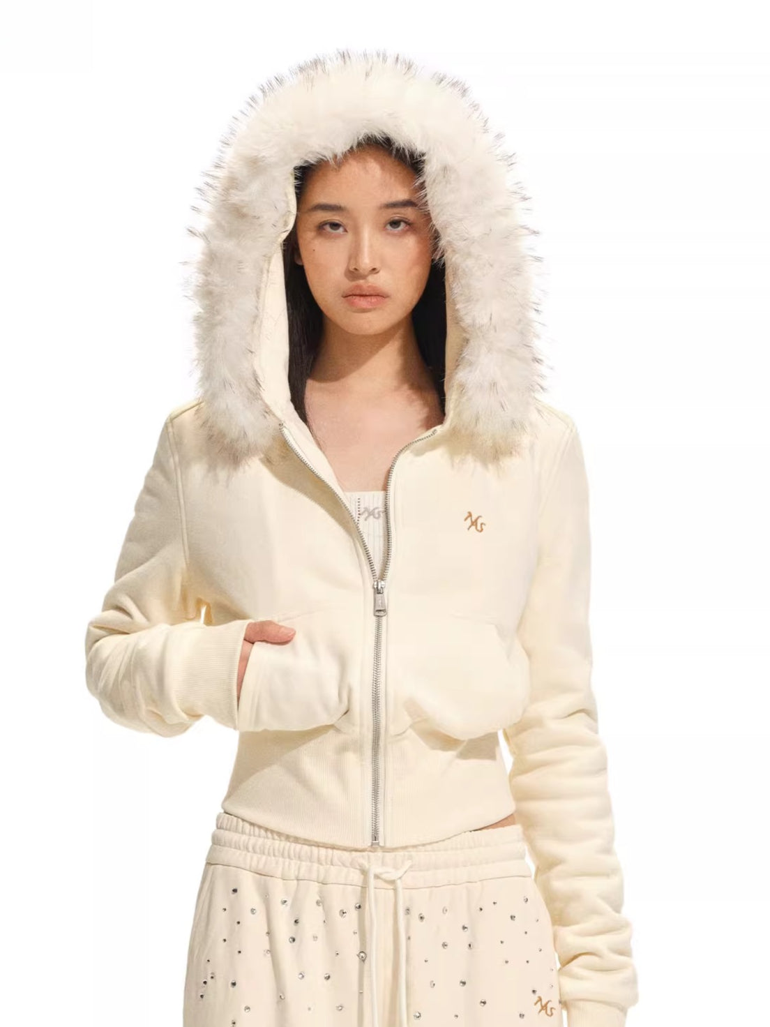 Detachable Faux Fur Collar Hooded Fitted Jacket