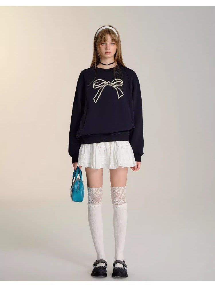 Gray &amp; Navy Blue Butterfly Knot Beaded Pullover Sweatshirt