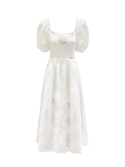 Puff-Sleeve Flower Hollowed Dress