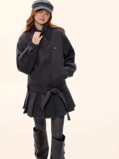 Pleated-Edge Down Wool-Blend Coat