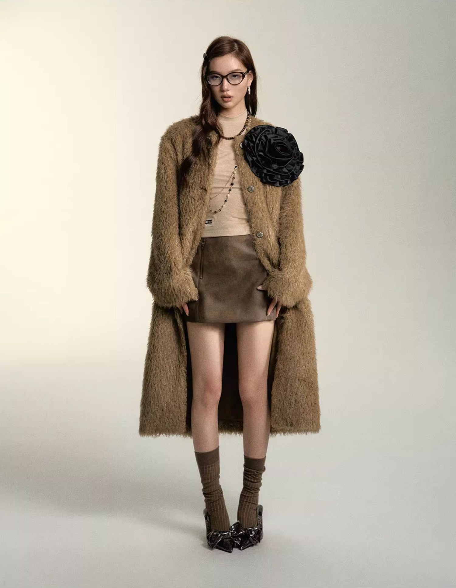 Khaki &amp; Milk White Long Suede Fur Coat - CHINASQUAD