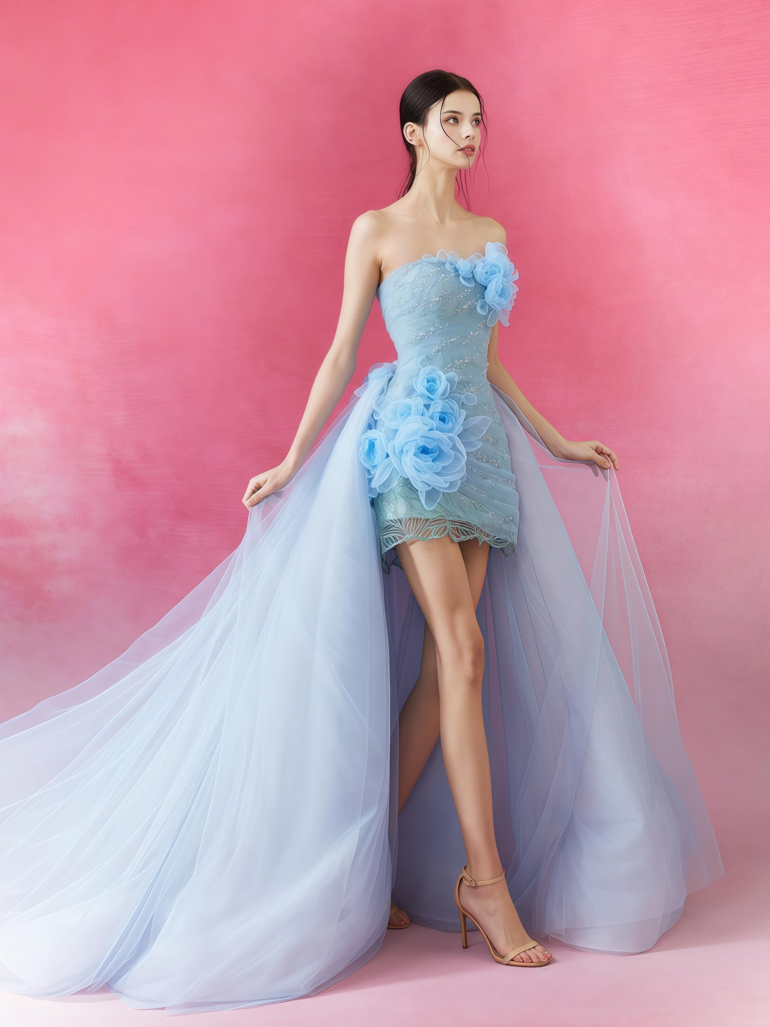 Ice Blue Floral Appliqué Convertible Mini Gown