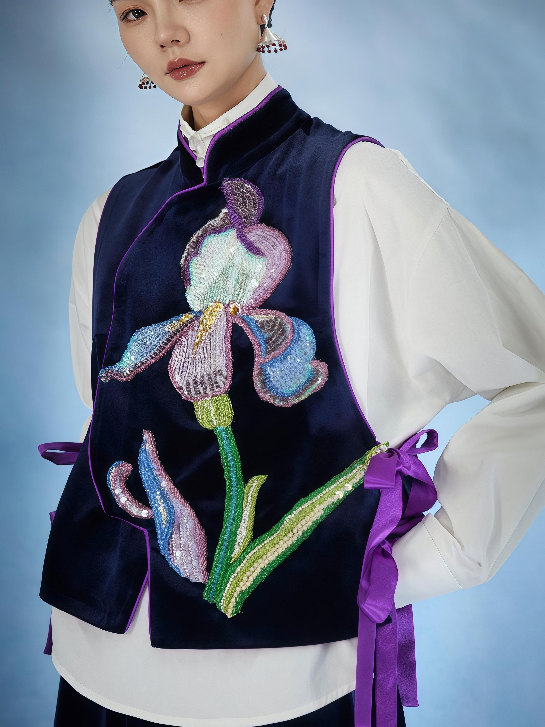 Iris Embroidered Velvet Feather Hem Set