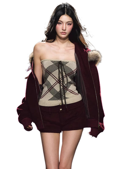 Wool-Blend Heart Yarn Cropped Knit Tube Top