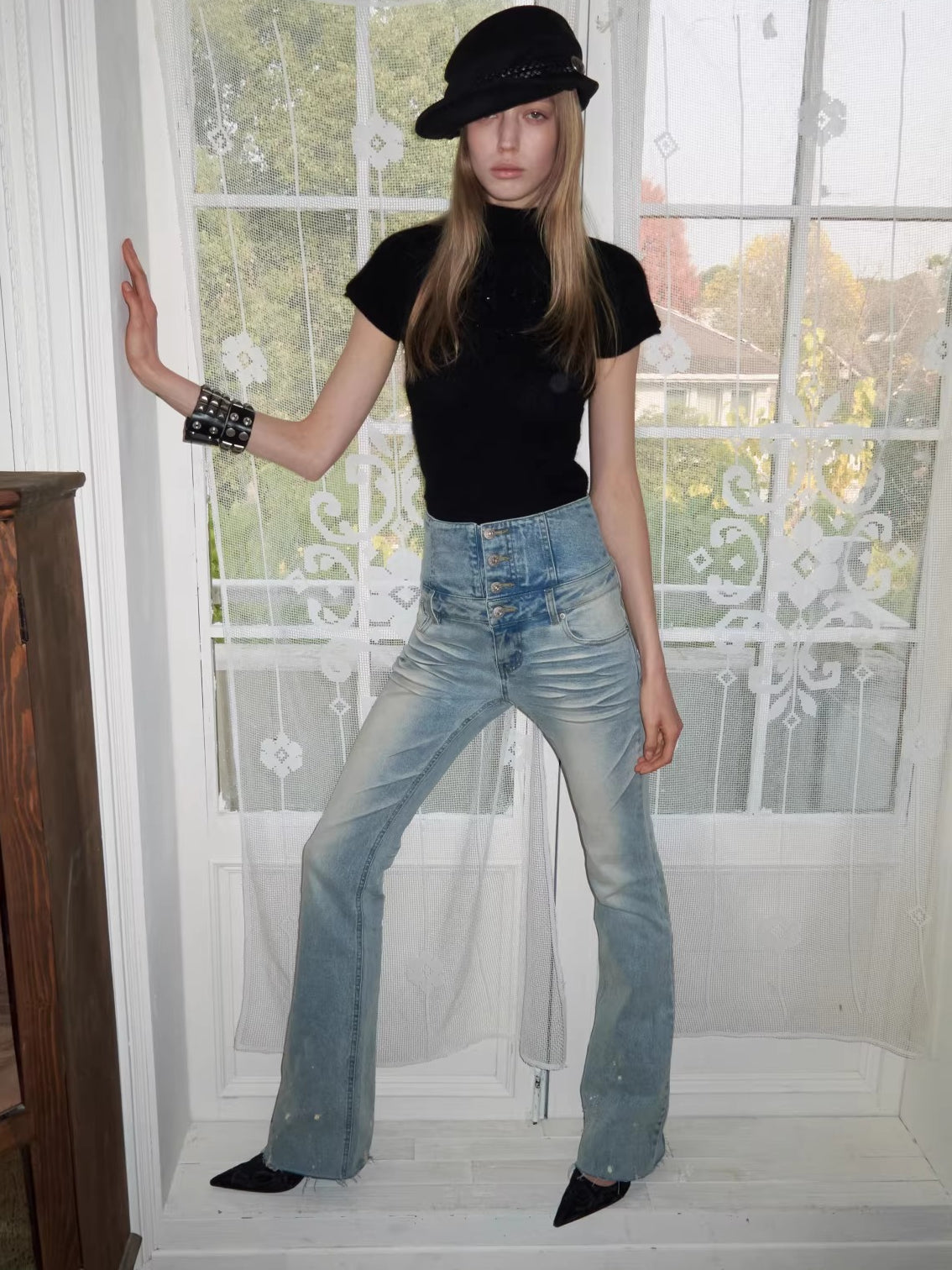 High-Waist Belted Slight-Flare Jeans