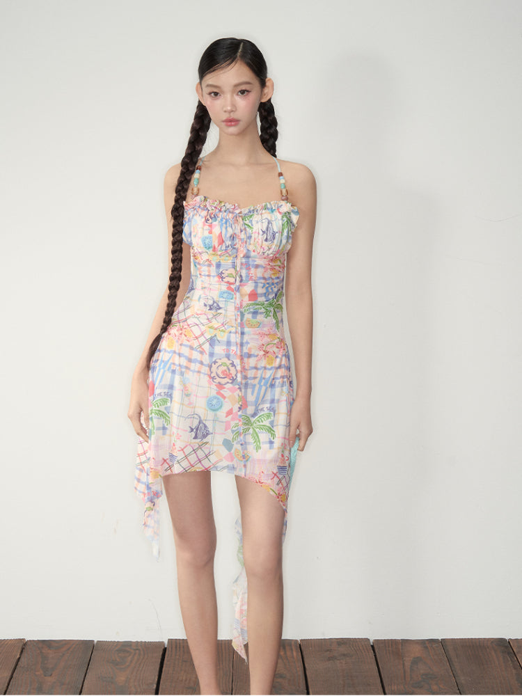 Elastic Mesh Printed Beaded Dress