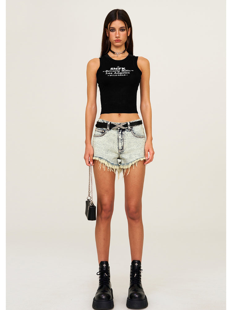 Mid-Low Waist Rivet Fringe Shorts