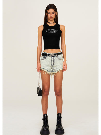 Mid-Low Waist Rivet Fringe Shorts