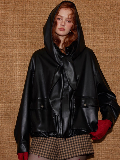 Detachable Bunny-Ear Hood Cropped PU Leather Jacket