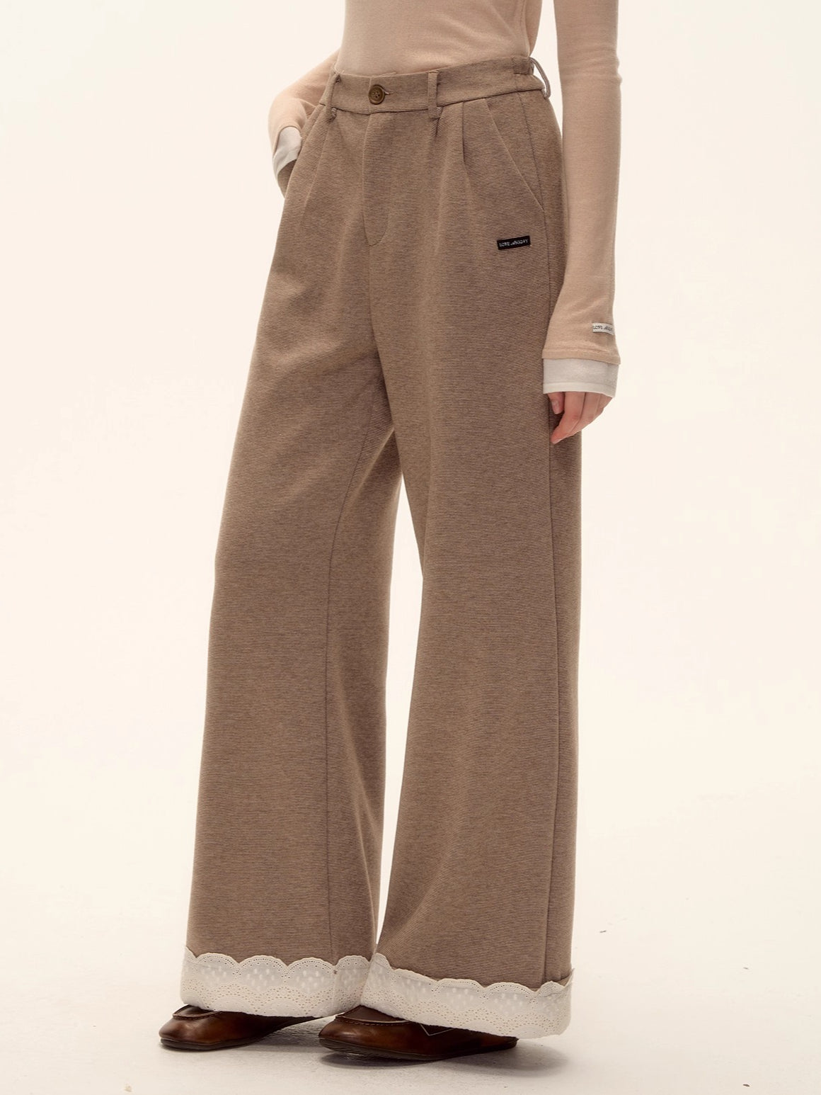 Embroidered Hem Wool Blend Wide-Leg Trousers