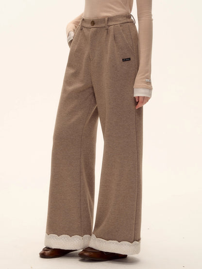 Embroidered Hem Wool Blend Wide-Leg Trousers