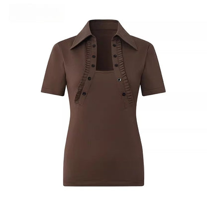 Backless Letter Print Lace-Trim Polo T-Shirt