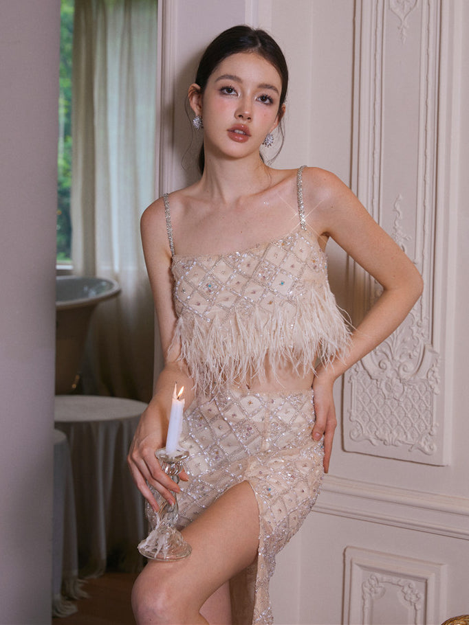 Champagne Sequin Feather Co-ord Dress