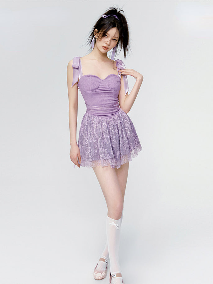 Purple Slim Lace Patchwork Dress - CHINASQUAD