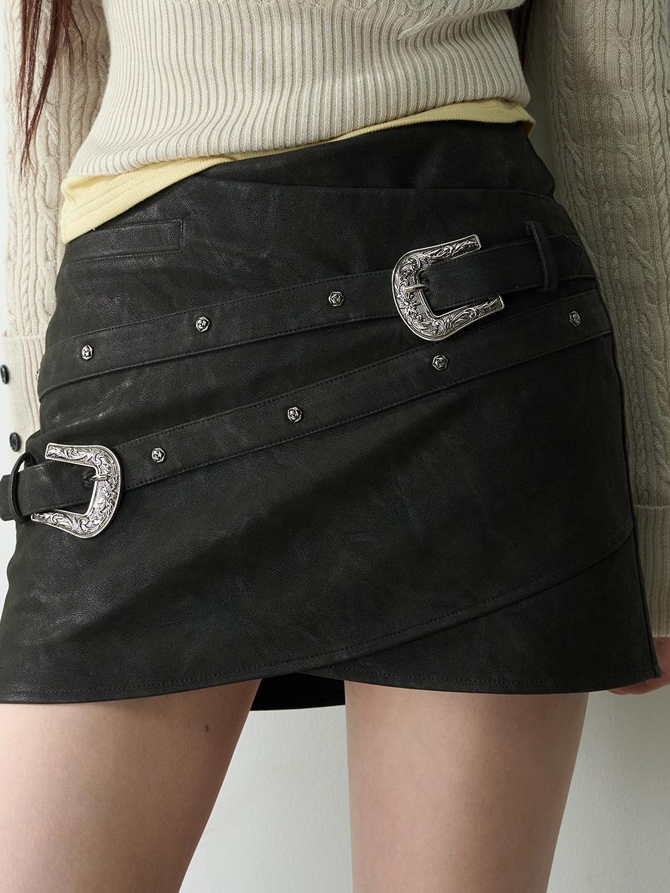 Black Belted Leather Mini Skirt