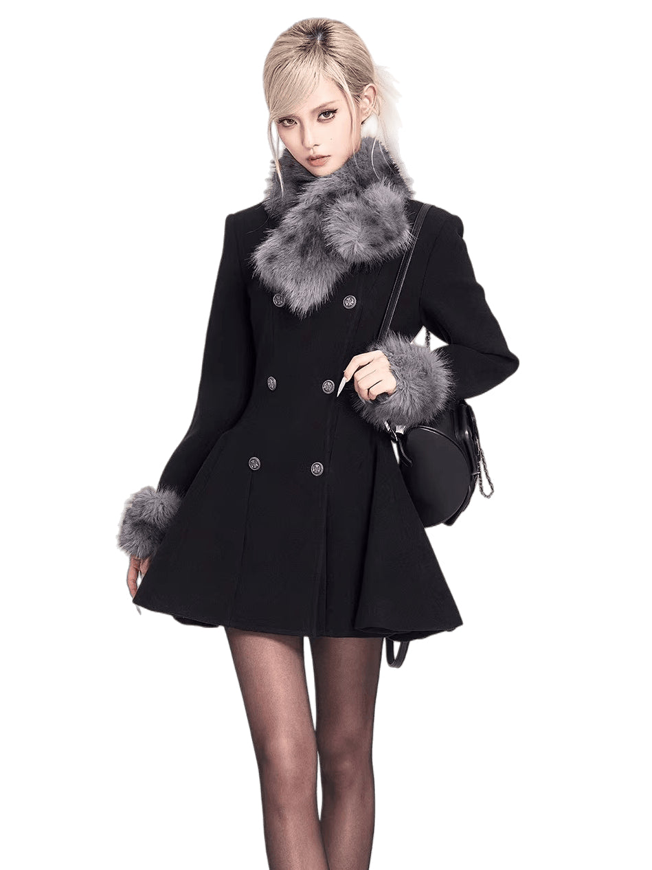 Fur-Collar Waist-Cinching Wool Coat Dress