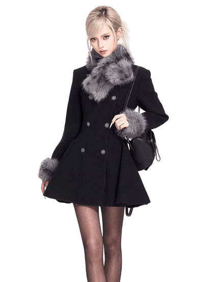 Fur-Collar Waist-Cinching Wool Coat Dress