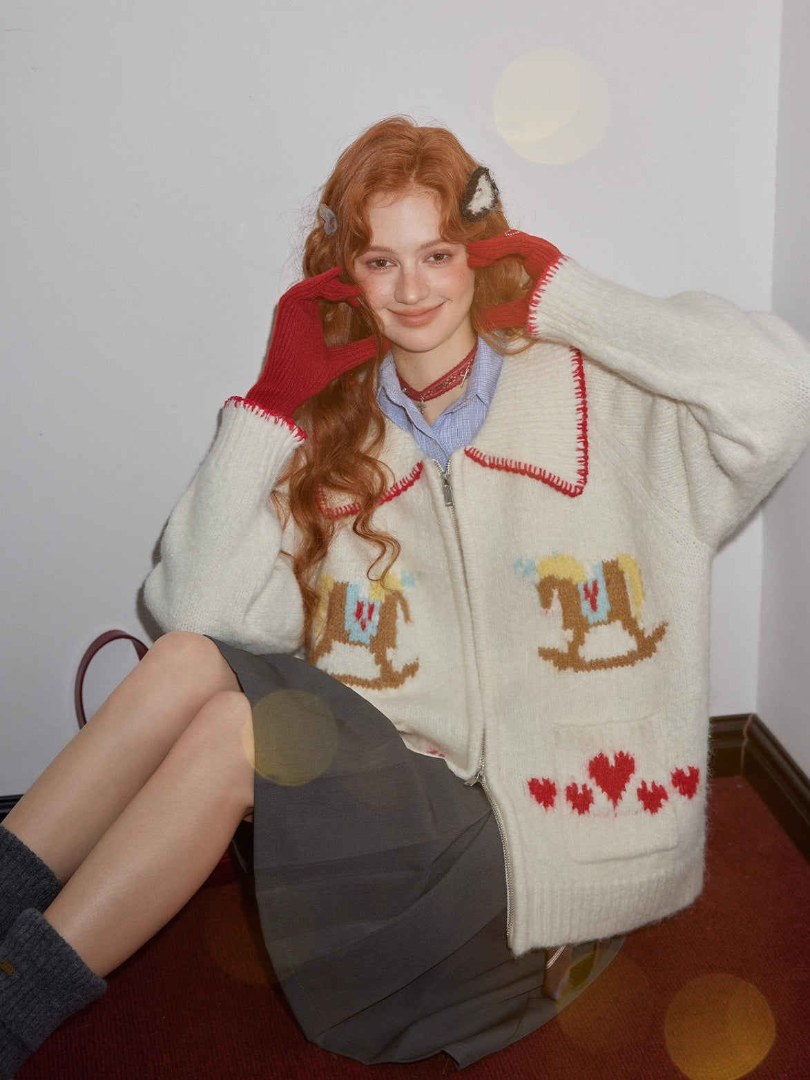 Contrast-Trim Pony Jacquard Zip-Up Knit Cardigan