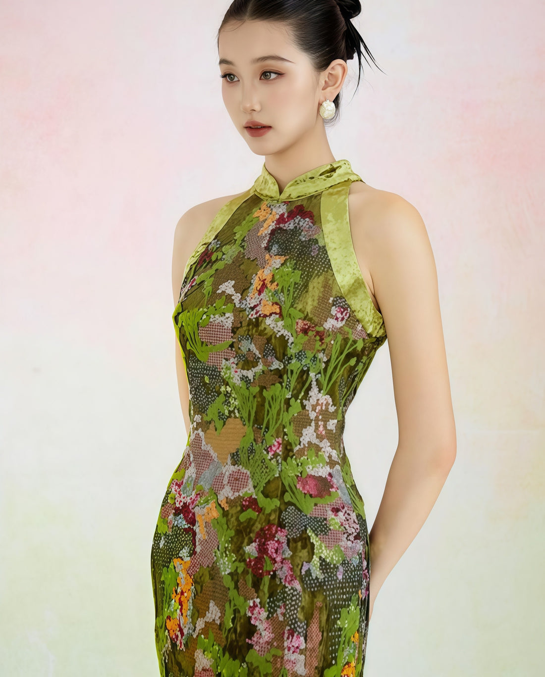 Green Floral Halter Cheongsam Maxi Dress