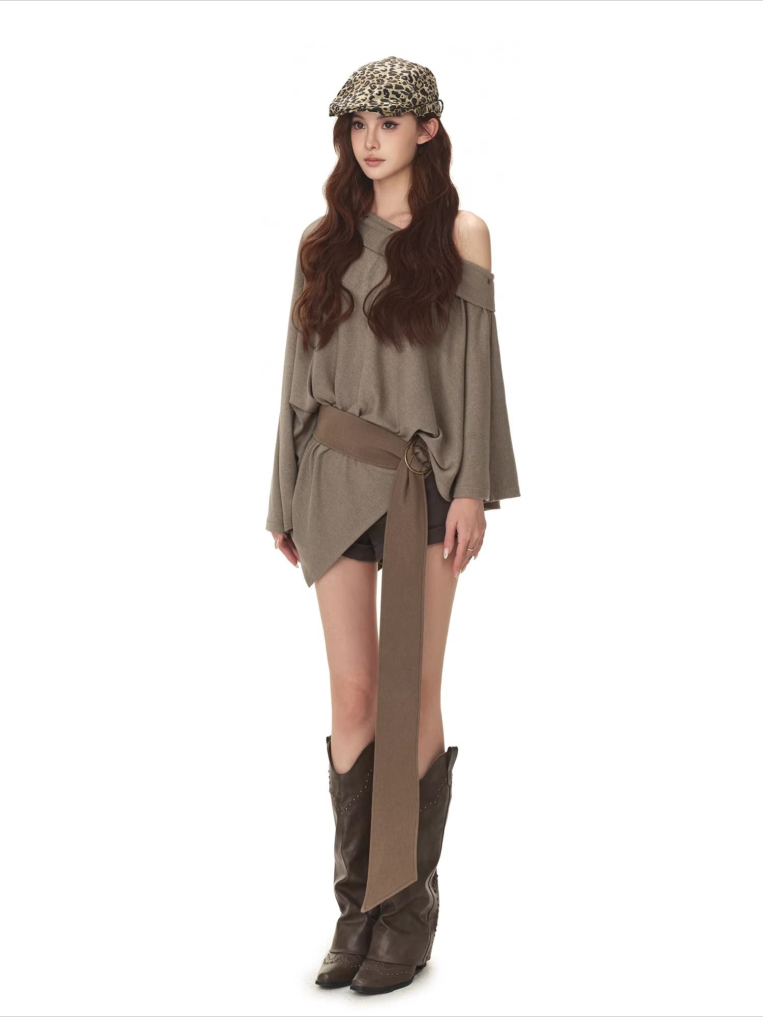 Cape-Style Off-Shoulder Long T-Shirt