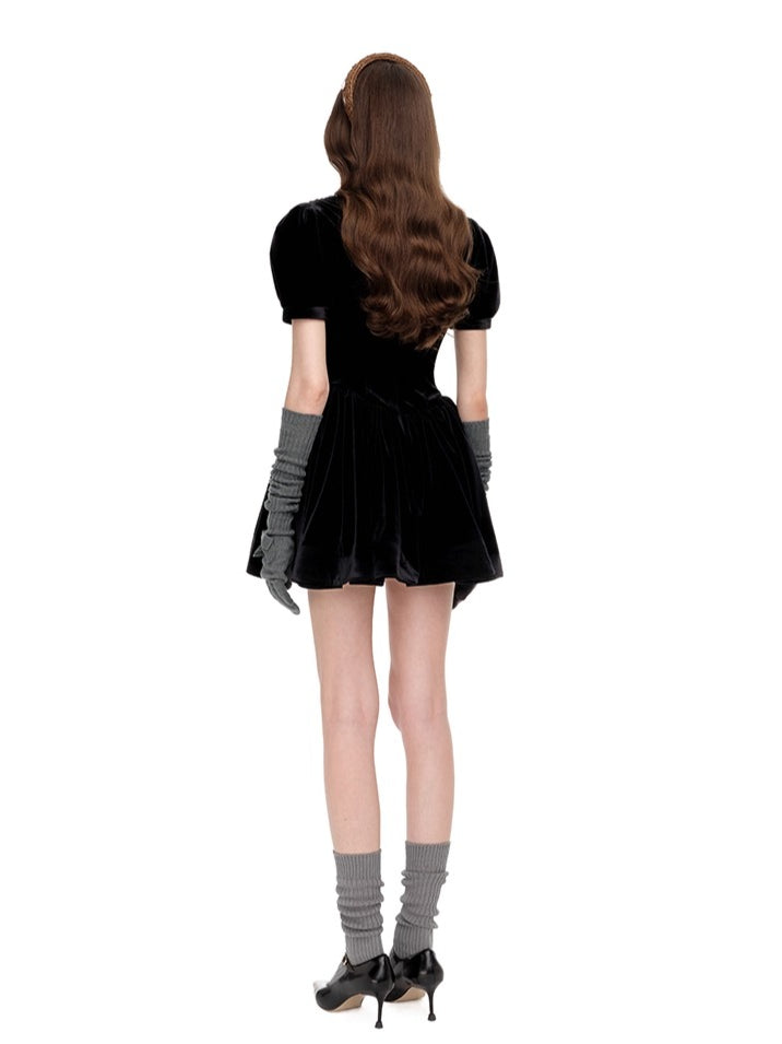 Ruched Puff-Sleeve V-Neck Mini Dress