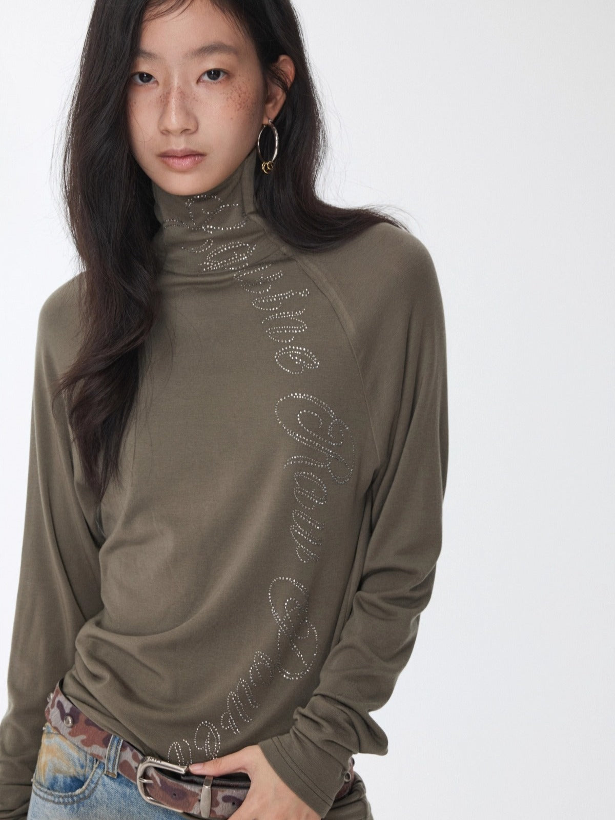 Rhinestone High-Neck Raglan Knit T-Shirt