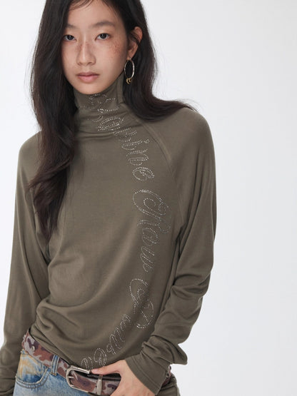 Rhinestone High-Neck Raglan Knit T-Shirt