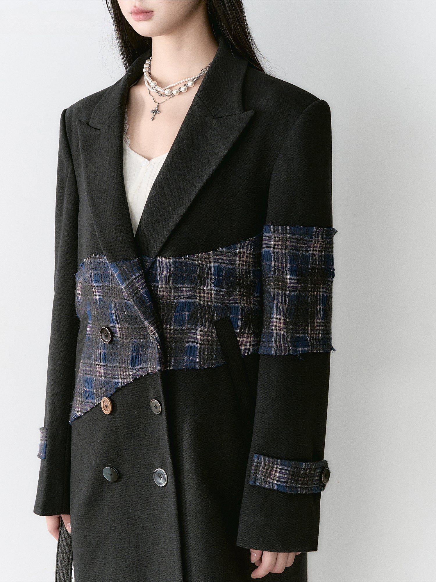 Wool Blend Plaid Patchwork French Coat