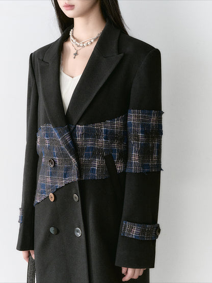 Wool Blend Plaid Patchwork French Coat