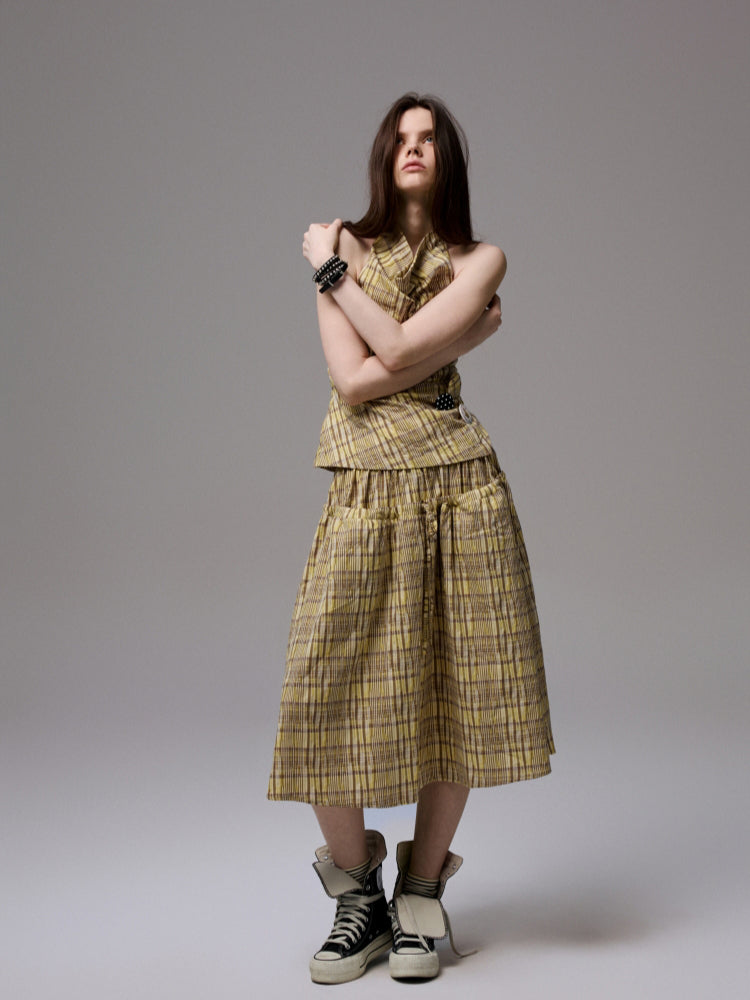 Plaid Halter Neck Backless Tank Top &amp; Midi Skirt Set - CHINASQUAD