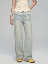 Lace-Trimmed Washed Straight-Leg Jeans Set - CHINASQUAD