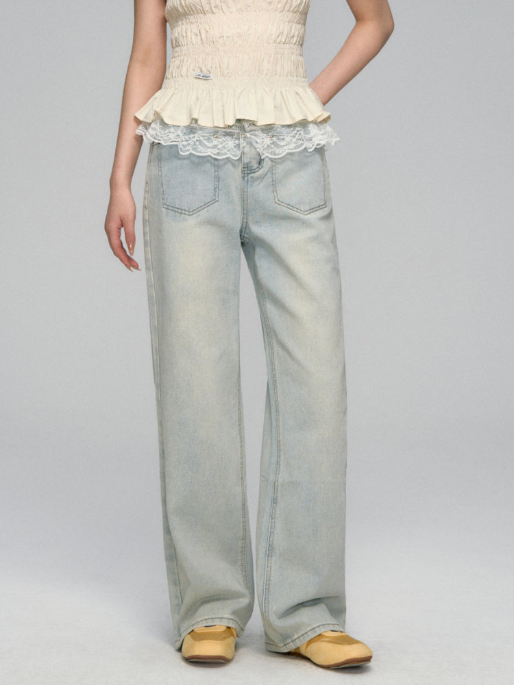 Lace-Trimmed Washed Straight-Leg Jeans Set - CHINASQUAD