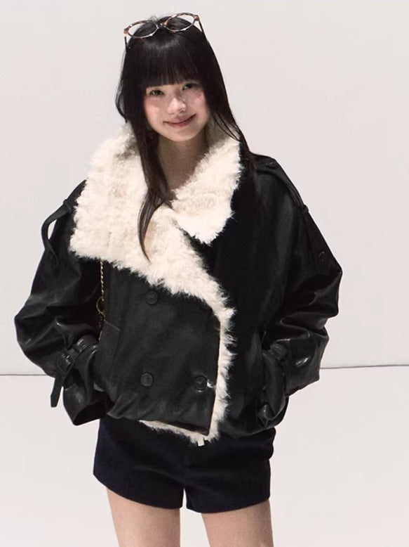 Shearling-Style Short Leather Jacket