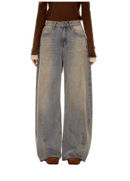 Vintage Washed Distressed Wide-Leg Denim Pants