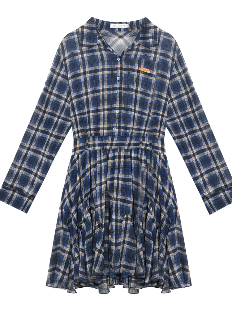 Collared Checked Waist-fitted Long-sleeve Shirt Dress - CHINASQUAD