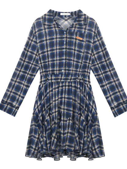 Collared Checked Waist-fitted Long-sleeve Shirt Dress - CHINASQUAD