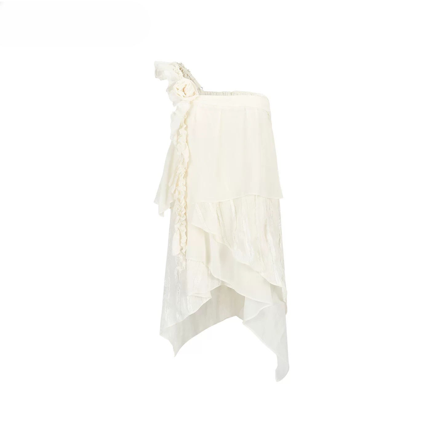 Asymmetric Ruffle Rose Detail Layered Dress