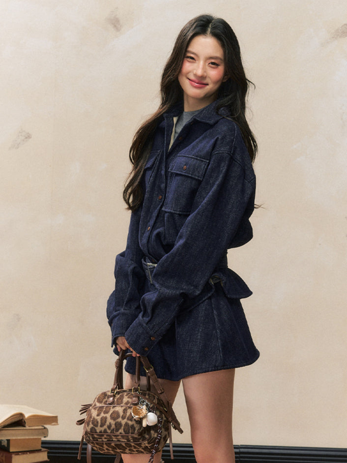 Fleece-Lined Waist-Cinched Denim Jacket Set