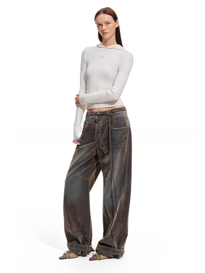 Terracotta Velvet-Washed Wide-Leg Jeans