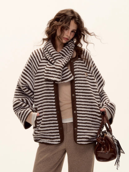 Reversible Striped Faux Scarf Detail Shearling Jacket