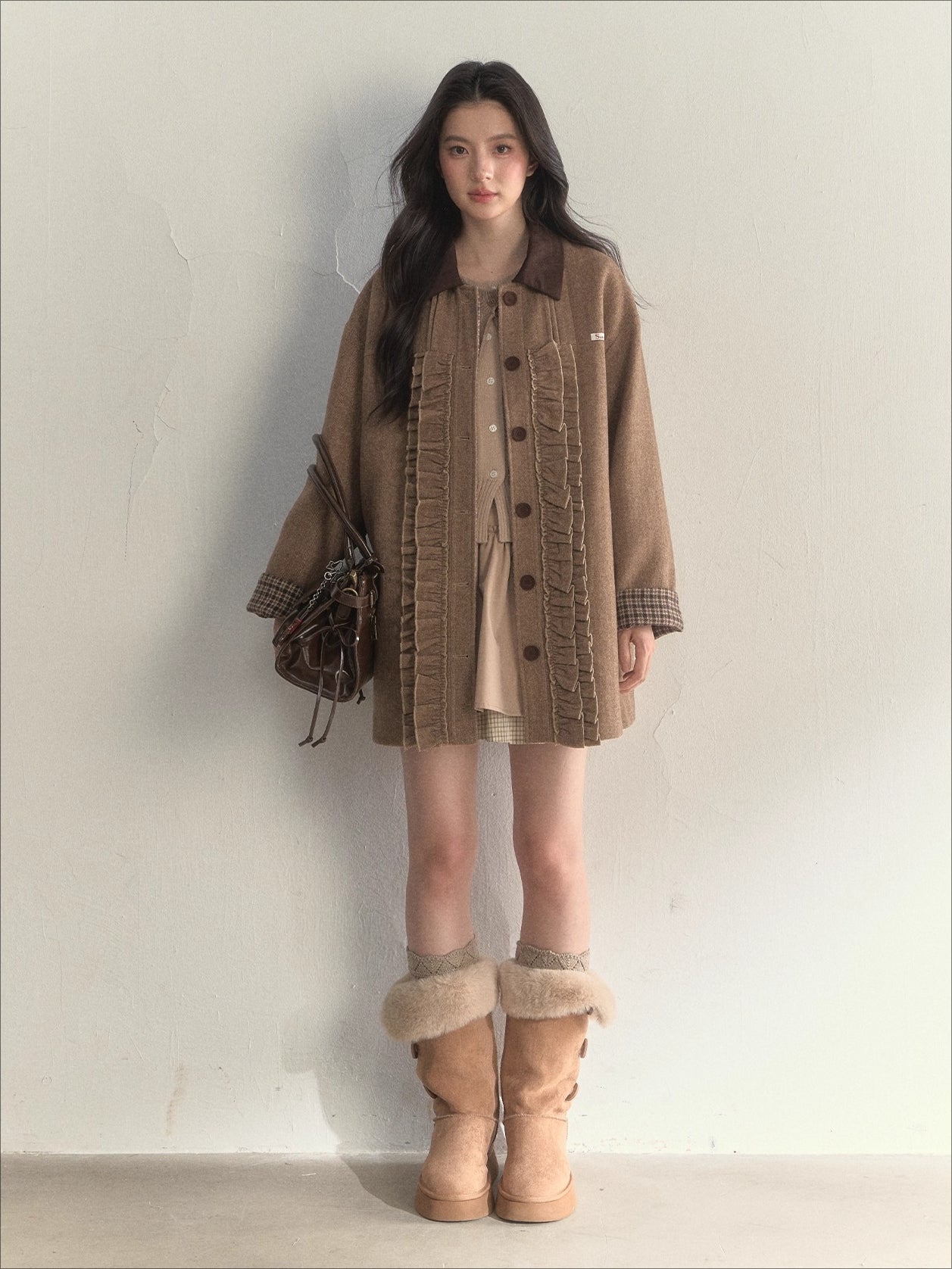 Vintage Khaki Wool Blend Ruffle-Trim Coat