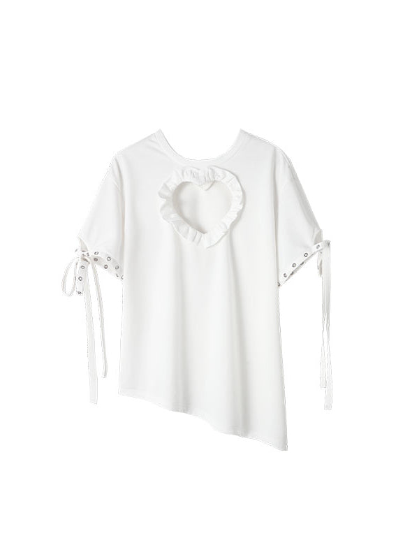 Black &amp; White Heart-shaped Hollow-out Lace-up T-Shirt